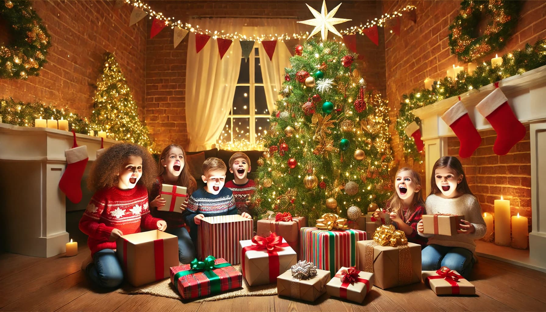 Excited Children Opening Christmas Presents Under Decorated Tree Indoors